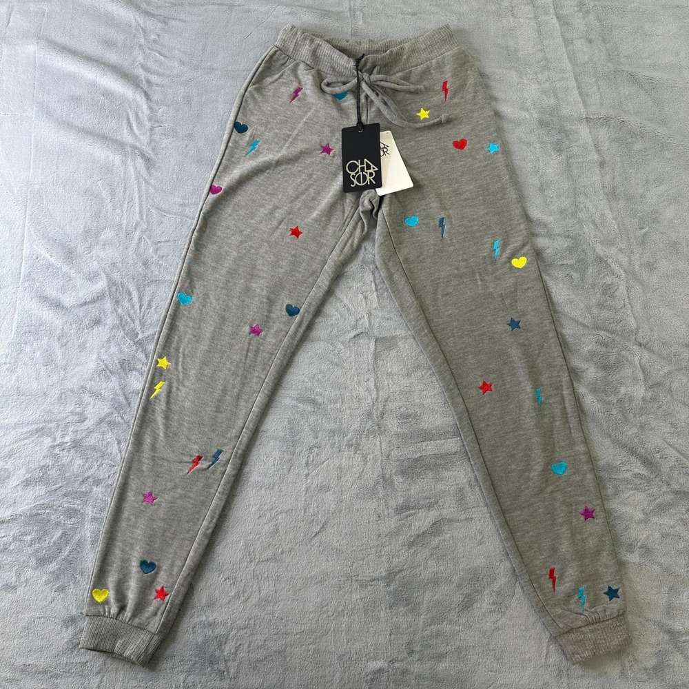 Chaser Women XS Gray Embroidered Star Heart Lightning Bolt Joggers